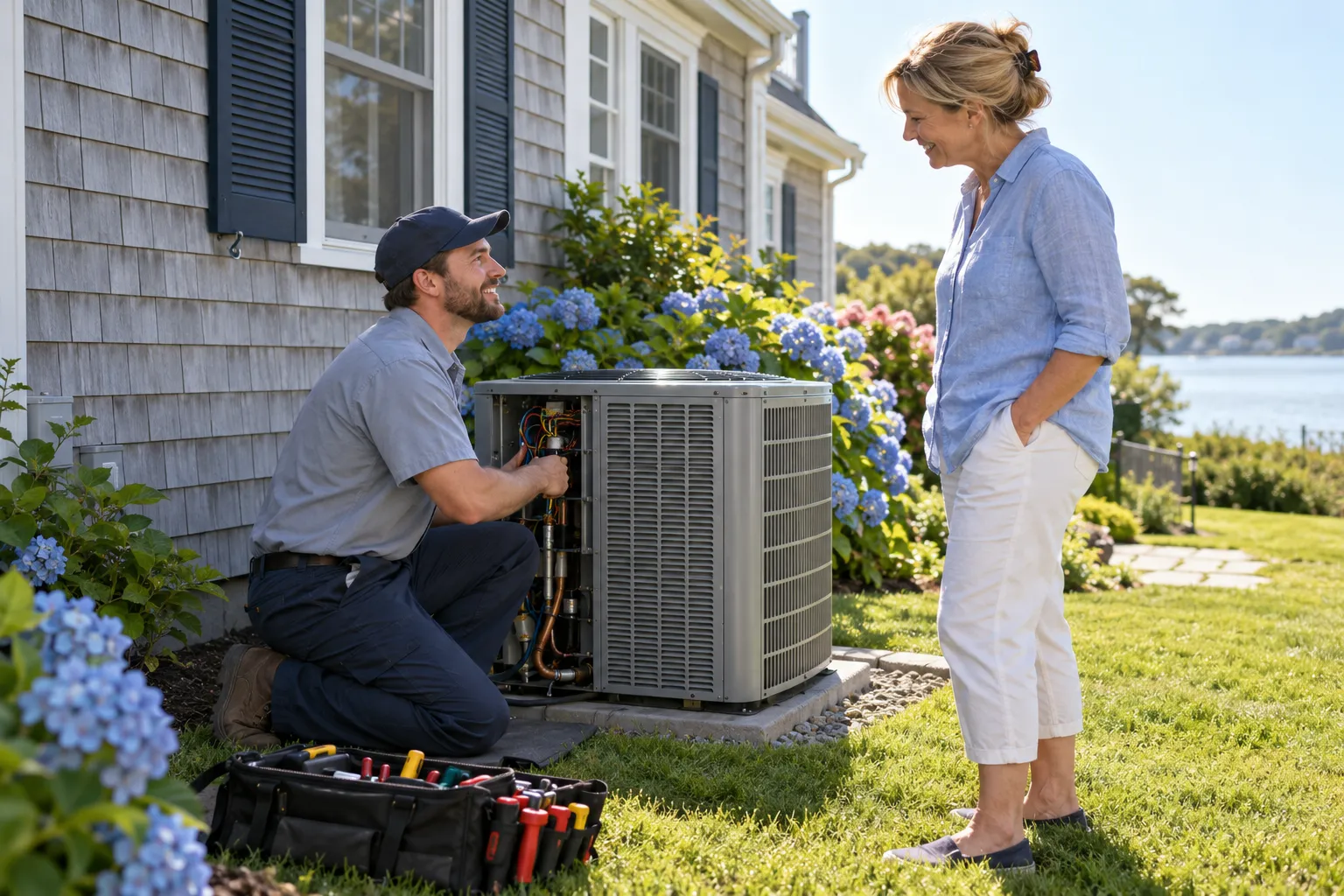 A friendly local HVAC provider checking an outdoor air conditioner beside a home in Phoenixville