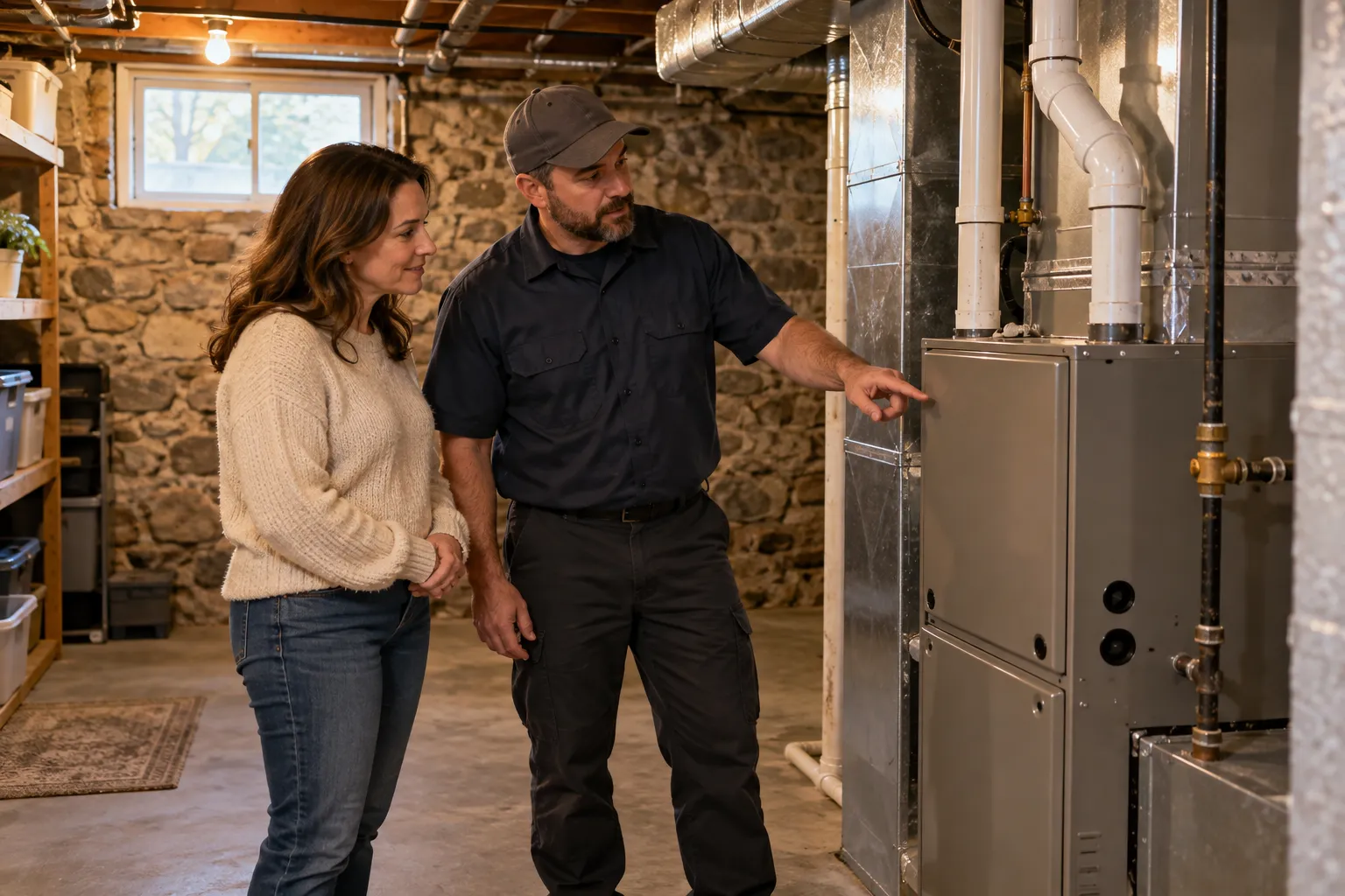A homeowner talking with a local provider about their furnace in the Phoenixville area